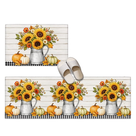 Thanksgiving Sunflower 2 Pieces Non-Slip Kitchen Mat Set, Fall Flower Pumpkin Maple Leaf Black White Plaid Soft Door Mat with Rubber Backing, Dirtproof Rugs for Entrance, 23.6x35.4in+23.6x70.9in