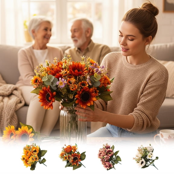 Thanksgiving Sunflower Artificial Flower Bouquet Fall Home Decoration for Table and Window Sill