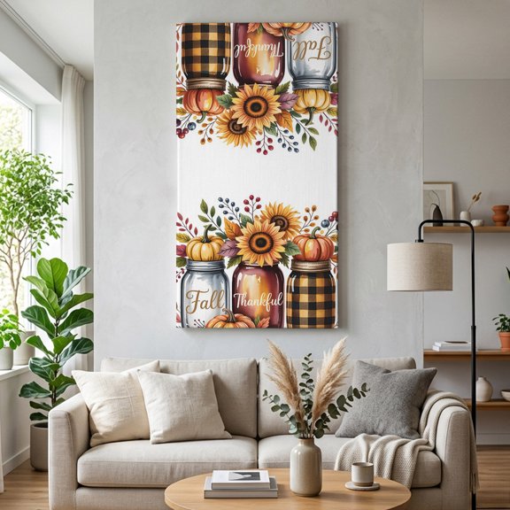 Thanksgiving Sunflower Canvas Wall Art for Living Room, Fall Thankful Pumpkin Bottle Leaf Poster Print Painting for Bedroom Office Home Decoration Wall Pictures Prepare To Hang 24"x48"
