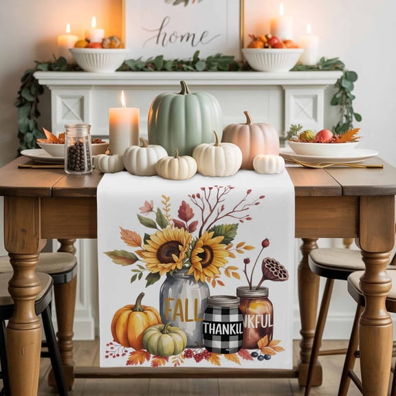 Thanksgiving Sunflower Cotton Linen Table Runner, Washable Table Runners for Kitchen, Dining Room, Holiday, Home Party Table Decor, 13x36 Inches