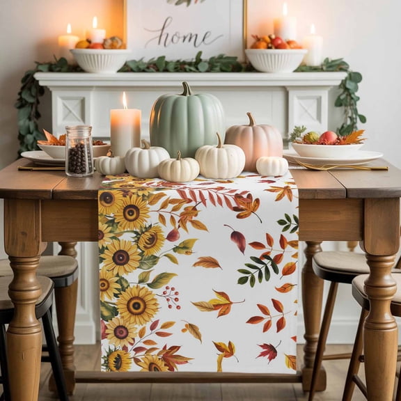 Thanksgiving Sunflower Cotton Linen Table Runner, Washable Table Runners for Kitchen, Dining Room, Holiday, Home Party Table Decor, 13x36 Inches