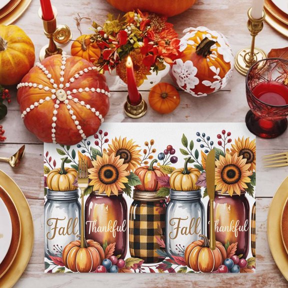 Thanksgiving Sunflower Placemats Set of 1, Fall Thankful Pumpkin Bottle Leaf Non-Slip Place Mats Washable Table Mats for Kitchen Dining Table Decorations Indoor/Outdoor