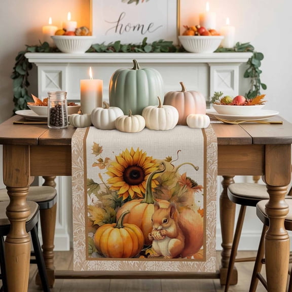 Thanksgiving Sunflowers Cotton Linen Table Runner, Washable Table Runners for Kitchen, Dining Room, Holiday, Home Party Table Decor, 13x120 Inches