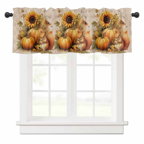 Thanksgiving Sunflowers Valances for Windows and Pumpkin with Squirrel Beige Rod Pocket Curtain Valance Window Treatment Short Curtains for Kitchen Living Room, 58"x16"