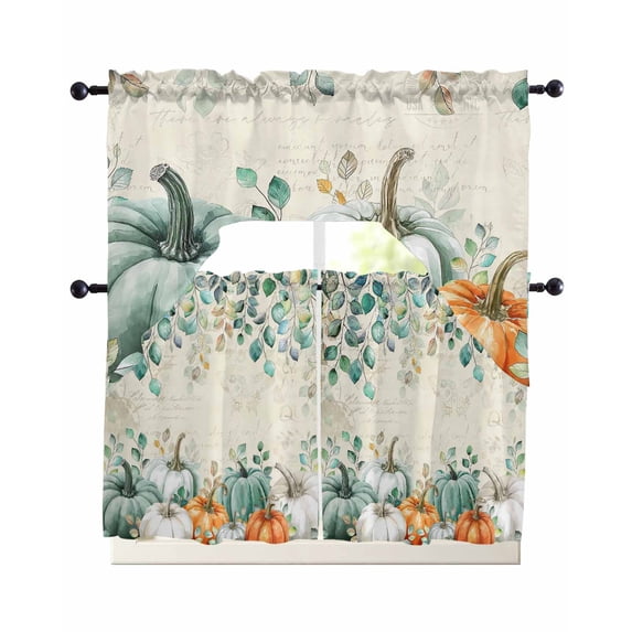 Thanksgiving Swag Kitchen Curtains Sets for Windows 24 Inch Length, Green Eucalyptus Leaves Orange Pumpkin Short Window Curtain Panels Swags Valances and Tiers 3 Piece Set for Cafe/Dining Room