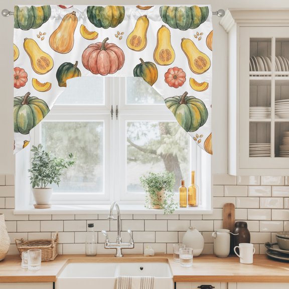 Thanksgiving Swag Valance for Windows, Fall Plant Cartoon Green Orange Red Pumpkins Swag Curtains Valances for Small Window Treatment Rod Pocket for Kitchen Bathroom 1 Panel 56x36in