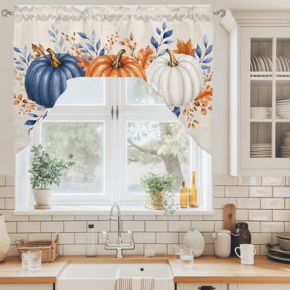 Thanksgiving Swag Valance for Windows, Fall Rustic Orange Blue White Pumpkins Maple Leaf Swag Curtains Valances for Small Window Treatment Rod Pocket for Kitchen Bathroom 1 Panel 56x36in