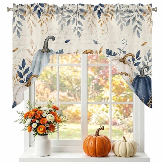 Thanksgiving Swag Valances for Windows 56 x 36 Inch, Fall Deep Navy White Blue Pumpkin Leaf Beige Backdop Rod Pocket Light Filtering Window Topper for Kitchen Bathroom Bedroom Living Room