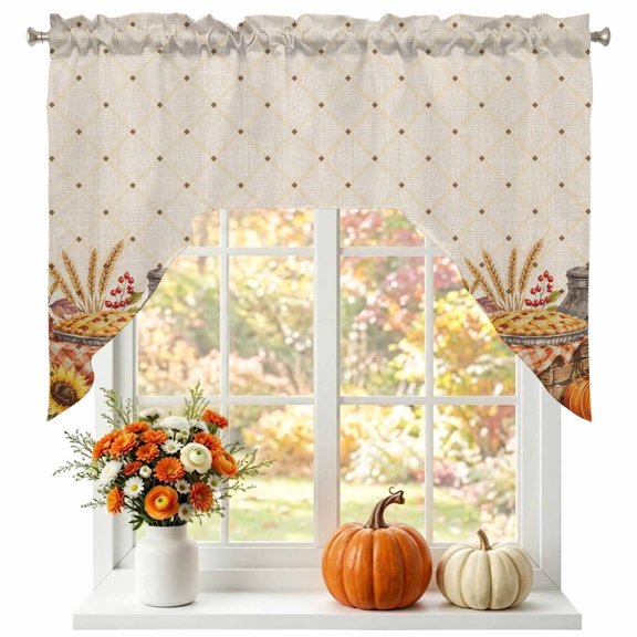 Thanksgiving Swag Valances for Windows 56 x 36 Inch, Fall Harvest Farm Pumpkins Sunflowers Berry Beige Plaid Rod Pocket Light Filtering Window Topper for Kitchen Bathroom Bedroom Living Room