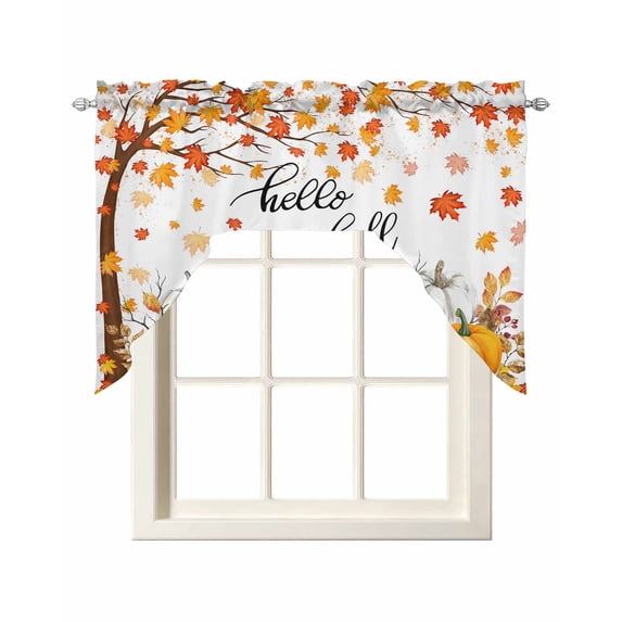 Thanksgiving Swag Valances for Windows, Small Curtains Drapes, Fall Maple Leaf Orange White Pumpkin Kitchen Window Curtains Over Sink Rod Pocket Window Treatment Valance for Bedroom/Bathroom 56"x36"