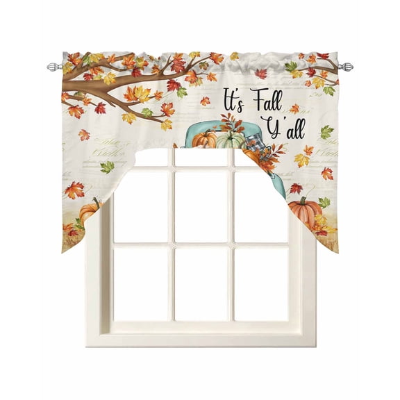 Thanksgiving Swag Valances for Windows, Small Curtains Drapes, Retro Pumpkin Truck Maple Leaf Branch Kitchen Window Curtains Over Sink Rod Pocket Window Treatment Valance for Bedroom/Bathroom 56"x36"