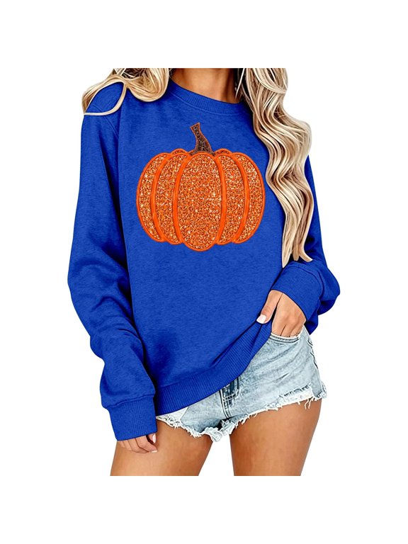 Thanksgiving Sweatshirts for Women, for Her Sparkly Sequin Pumpkin Graphic Sweatshirt Casual Fit for Halloween Photo and Home Wear
