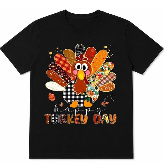 Thanksgiving Turkey Day T-Shirt with Colorful Patterned Turkey and Fall Leaves, 100% Cotton