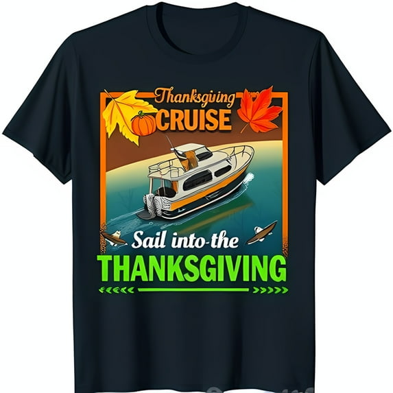 Thanksgiving T-Shirt Yellow Boat on Blue Sea with Fall Leaves & Pumpkins