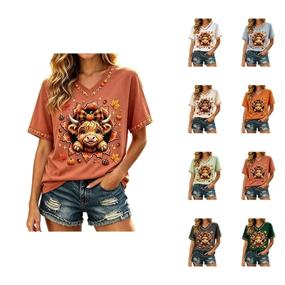 Thanksgiving T Shirts for Women Short Sleeve V Neck Casual Funny Cute Highland Cow Graphic Tee Shirt