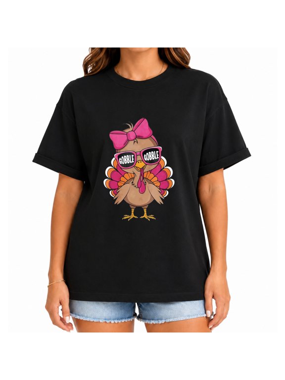Thanksgiving T-shirt, a fall top featuring a large fluffy chicken pattern with pink bows.