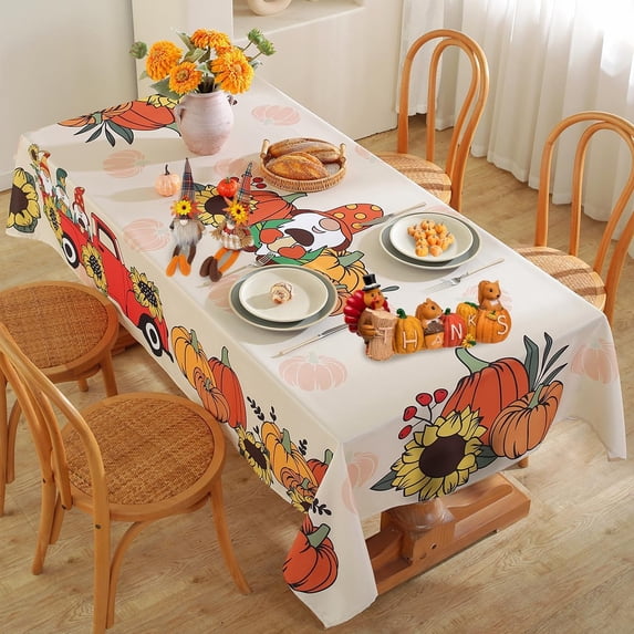 Thanksgiving Table Cloth Rectangle 60 x 84 Inch Cute Pumpkins Gnomes on Truck Sunflowers Pattern Tablecloth, Waterproof Wrinkle Free Fabric Table Cover for Fall, Autumn, Harvest Party