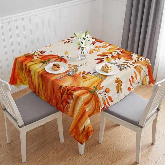 Thanksgiving Table Cloth Waterproof Tablecloths, Autumn Pumpkin Orange Red Vintage Leaf Tablecloth Dining Table Cover for Kitchen Party Tabletop Outdoor, Square Tablecloth 60x60 Inch