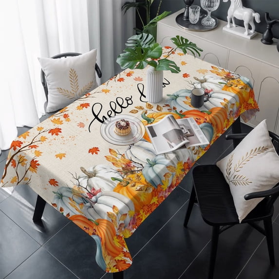 Thanksgiving Table Cloth Waterproof Tablecloths, Orange White Pumpkin Maple Leaf Branches Tablecloth Dining Table Cover for Kitchen Party Tabletop Outdoor, Rectangle Tablecloth 60x120 Inch