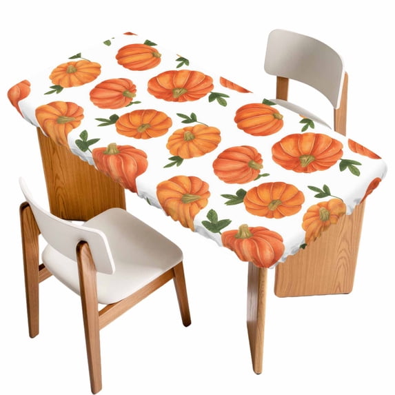 Thanksgiving Table Cloths for 3 Foot Rectangle Tables, Fall Orange Pumpkin Green Maple Leaves Patio Waterproof Elastic Fitted Tablecloths, Washable Rectangular Table Cover for Camping