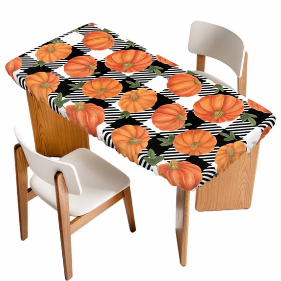 Thanksgiving Table Cloths for 4 Foot Rectangle Tables, Fall Orange Pumpkin Black White Plaid Patio Waterproof Elastic Fitted Tablecloths, Washable Rectangular Table Cover for Camping