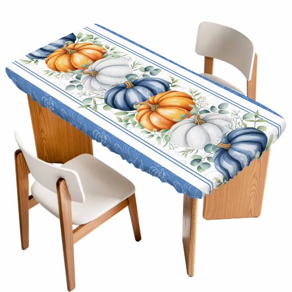 Thanksgiving Table Cloths for 6 Foot Rectangle Tables, Fall Orange Blue White Pumpkin Stripes Patio Waterproof Elastic Fitted Tablecloths, Washable Rectangular Table Cover for Camping