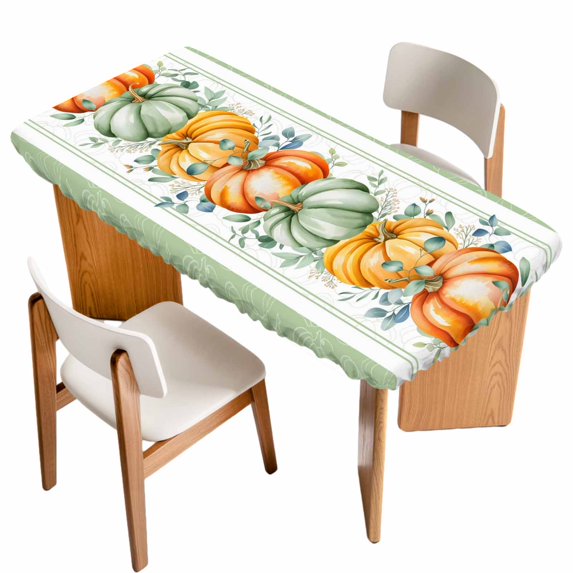 Thanksgiving Table Cloths for 6 Foot Rectangle Tables, Fall Sage Green Pumpkin Eucalyptus Leaf Patio Waterproof Elastic Fitted Tablecloths, Washable Rectangular Table Cover for Camping