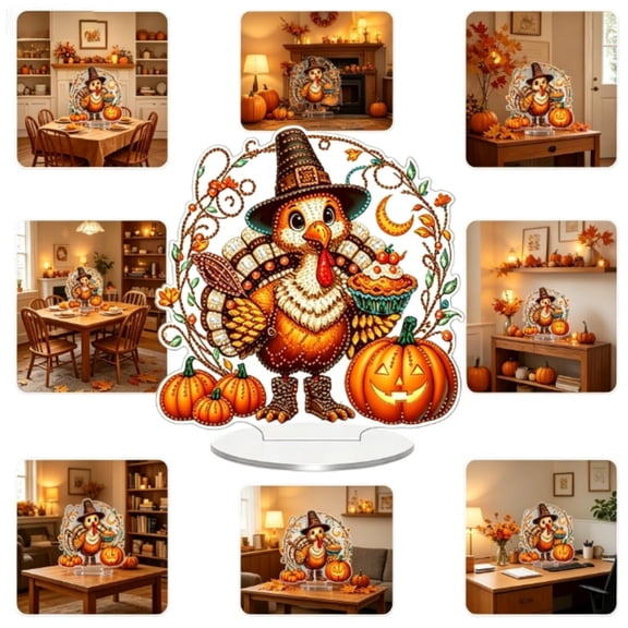 Thanksgiving Table Decor Diamond Art Stand, DIY Special Shaped Diamond Painting Turkey Pumpkin Acrylic Tabletop Ornament Fall Harvest Home Desk Decor