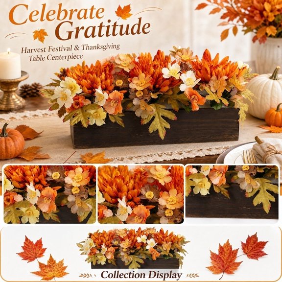 Thanksgiving Table Decor Fall Artificial Flowers Dining Table Centerpiece with Rectangular Planter Box for Harvest Season Home Party Fall Home Decor 1 Pack