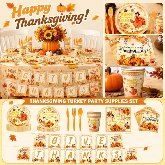 Thanksgiving Table Decor, Fall Leaves Cornucopia Turkey Themed Party Decor Set, Thanksgiving Host Housewarming Gift for Holiday Feast Backdrop, Disposable Paper and Plastic, 20