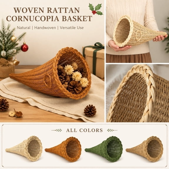 Thanksgiving Table Decor, Wicker Basket Decorative, Decorative Basket, Wicker Baskets for Decoration, Woven Cornucopia Horn Shaped Storage Basket for Harvest and Holiday Table