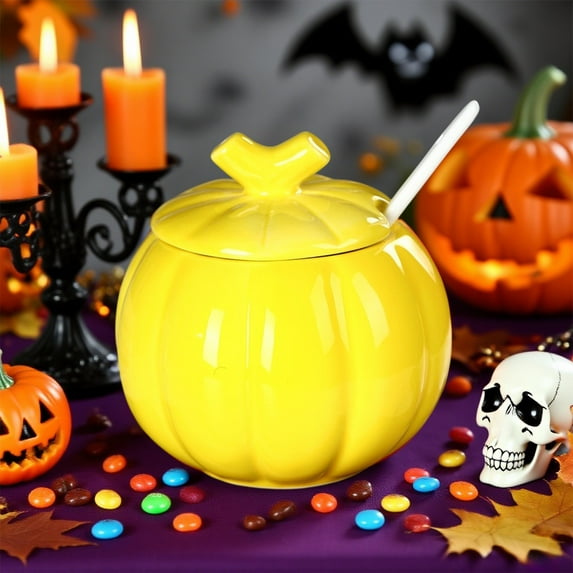 Thanksgiving Table Decorations Pumpkin Shaped Ceramic High Temperature Resistants Tea Canister Spice Jar Soup Jar With Lid And Spoon