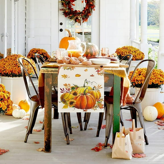 Thanksgiving Table Flag, Pumpkin Table Runner, Maple Leaf Holiday Decoration for Dining Table, Yellow Polyester Fibre with Classic Festive Design and Easy Maintenance