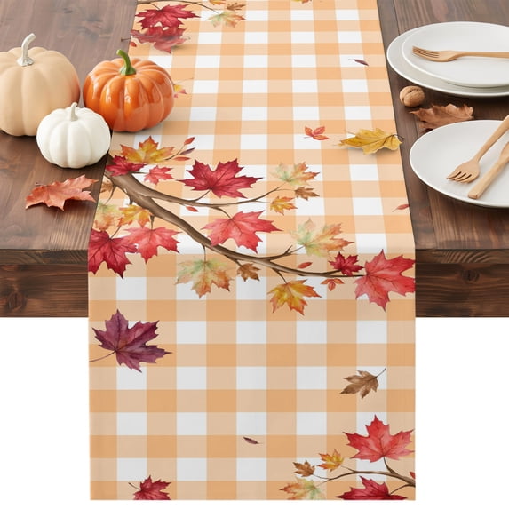 Thanksgiving Table Runner - 108 Inch Long Fall Maple Leaves Orange White Plaid Gingham Cotton and Linen Blended Dress Scarves Farmhouse Table Runner for Kitchen Dining, Coffee Table, 13" x 108"