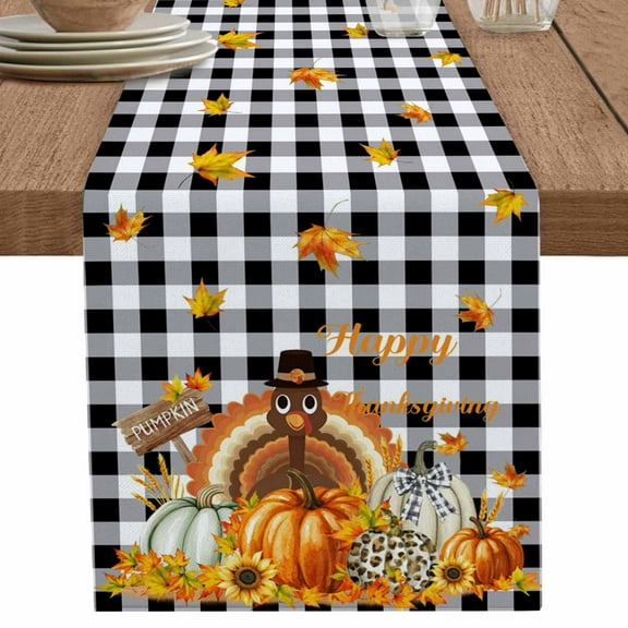Thanksgiving Table Runner 108 Inches Long for Dining Table Decor,Fall Turkey Pumpkin Maple Leaf Black Plaid Burlap Linen Farmhouse Table Runner Coffee Table Runners Dresser for Kitchen Party Holiday