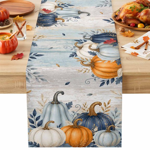 Thanksgiving Table Runner 13x36 Inch Fall Deep Navy White Blue Pumpkin Leaf Wooden Table Runners Dresser Scarves Autumn Kitchen Dining Table Decoration for Home Party Indoor
