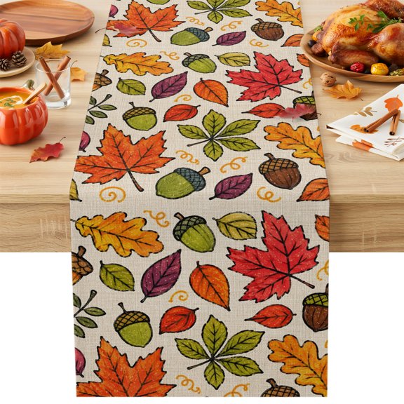 Thanksgiving Table Runner 13x36 Inch Fall Harvest Maple Leaves Twigs Shabby Chic Linen Texture Cotton Linen Dining Table Runner Ideal for Dresser Kitchen Coffee Tables - Machine Washable