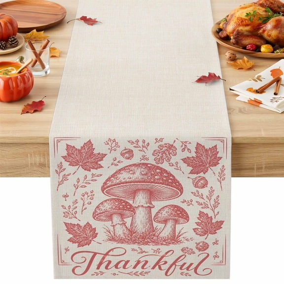 Thanksgiving Table Runner 13x36 Inch Fall Toile Red Mushroom Oak Leaf Linen Texture Cotton Linen Dining Table Runner Ideal for Dresser Kitchen Coffee Tables - Machine Washable