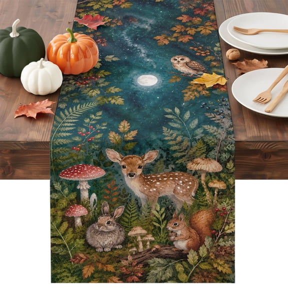 Thanksgiving Table Runner - 36 Inch Long Fall Deer Rabbit Squirrel Mushroom Leaves Cotton and Linen Blended Dress Scarves Farmhouse Table Runner for Kitchen Dining, Coffee Table, 13" x 36"