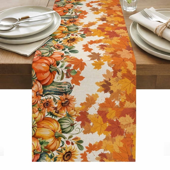 Thanksgiving Table Runner - 36 Inch Long, Kitchen Dining Table Runner Dresser Scarves, Fallen Maple Leaves Orange Green Pumpkin Farmhouse Decor for Coffee Tables Wedding Party Banquet