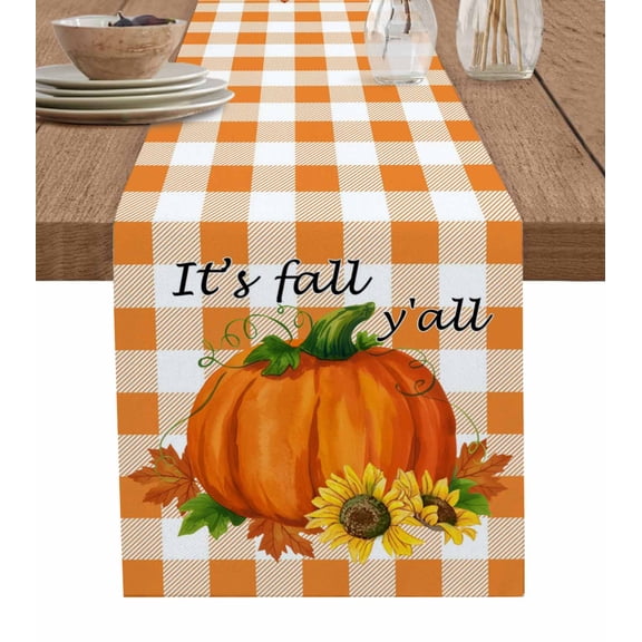 Thanksgiving Table Runner 36 Inches, Fall Pumpkin Sunflowers Orange White Plaid Bed Runner Dresser Scarves Tabletop for Indoor Outdoor Parties/Ceremony/Banquet, 13"x 36"