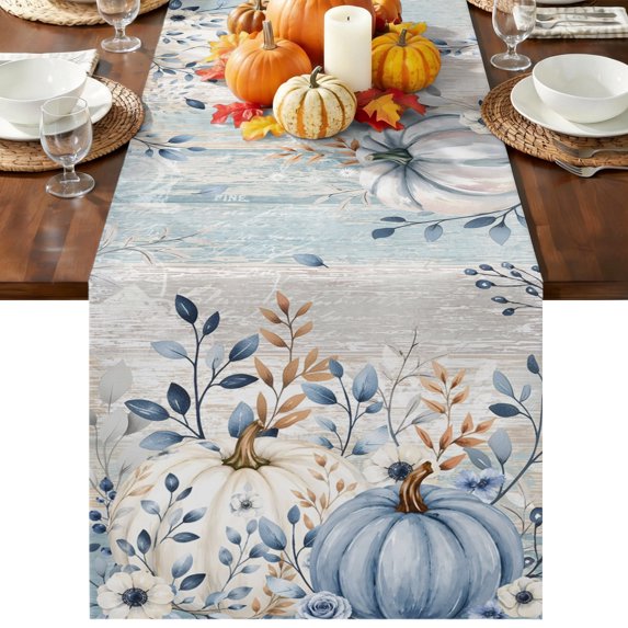 Thanksgiving Table Runner 60 Inches Long, Kitchen Dining Table Decoration, Fall Blue White Pumpkin Leaves Wood Plank Coffee Tablerunner Dress Scarves Farmhouse Décor for Party, Holiday, 13 x 60