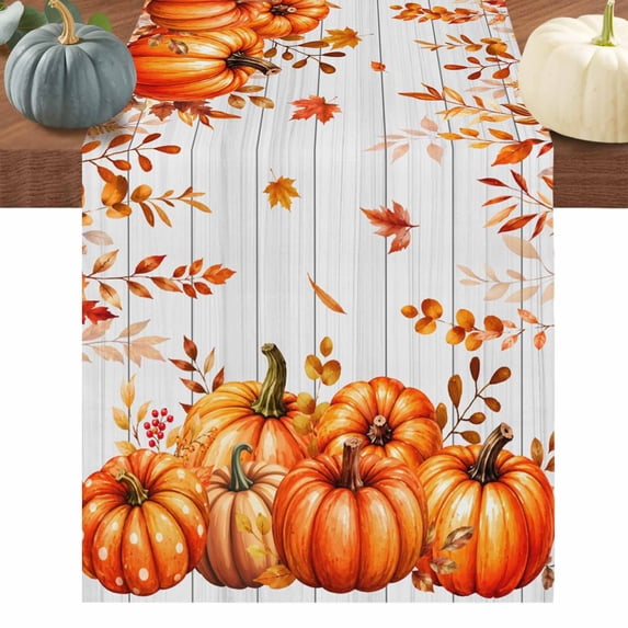 Thanksgiving Table Runner 70 Inches Long, Fall Pumpkin Falling Maple Leaf Wood Grain Cotton Linen Table Runners Dresser Scarves, Fabric Tabletop Scarf Furniture Cover for Dinner Party 13"x70"