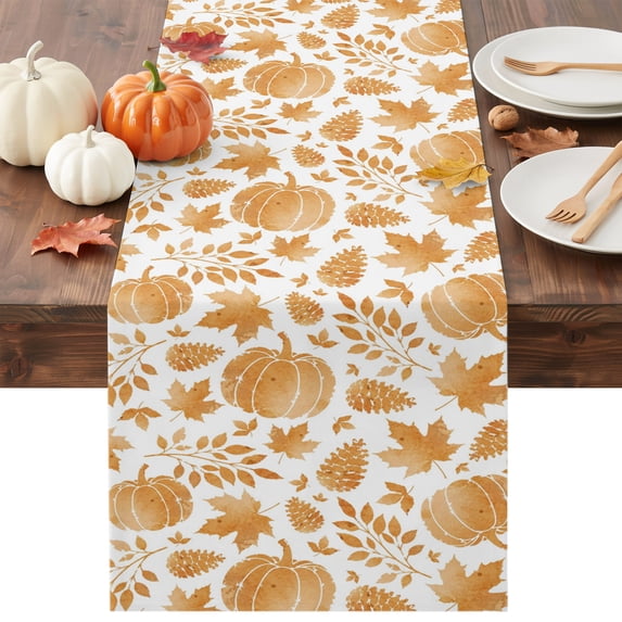 Thanksgiving Table Runner - 72 Inch Long Fall Orange Pumpkin Cones Maple Branches Cotton and Linen Blended Dress Scarves Farmhouse Table Runner for Kitchen Dining, Coffee Table, 13" x 72"