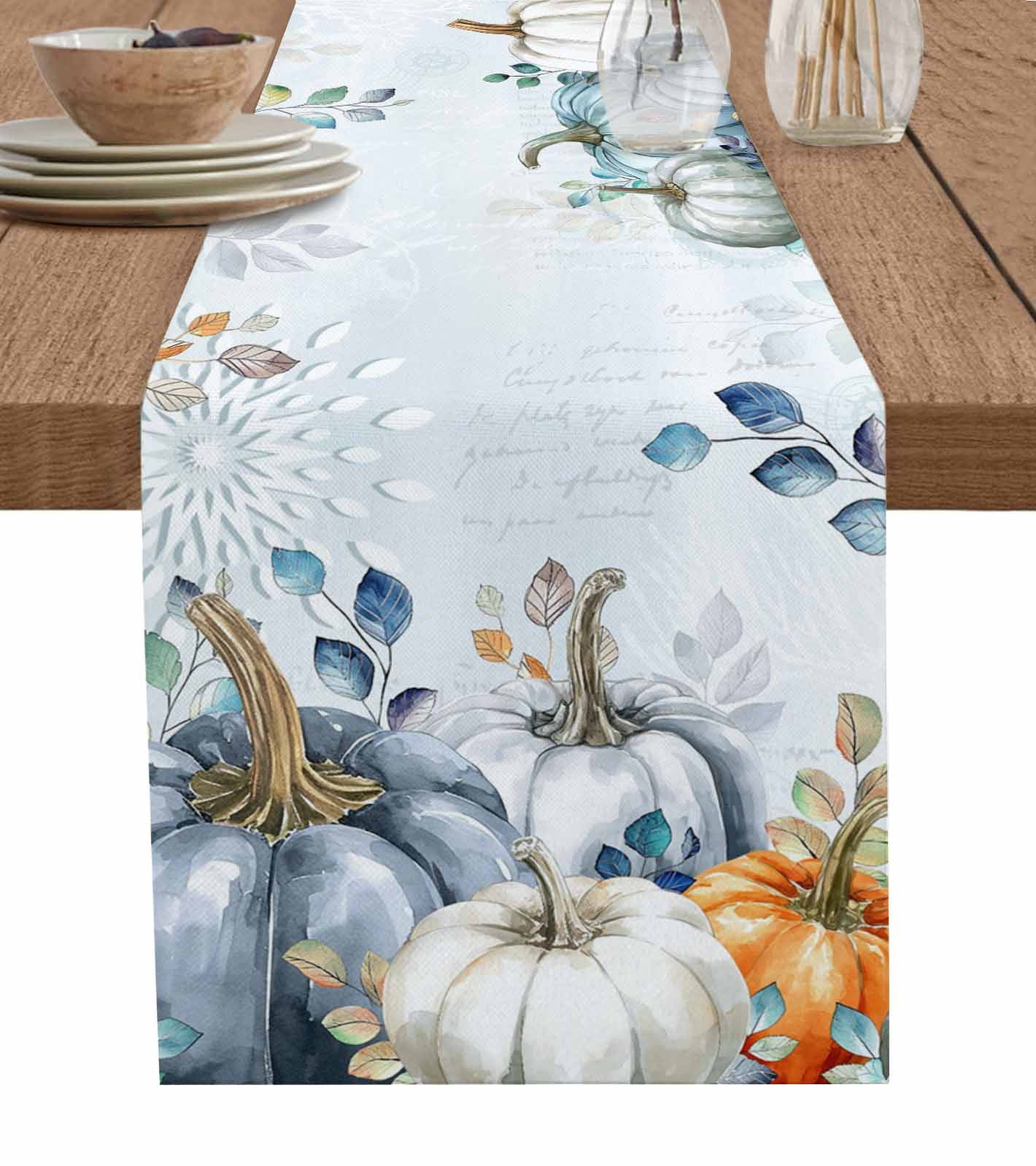 Thanksgiving Table Runner 72 Inches, Autumn Blue White Orange Pumpkin ...