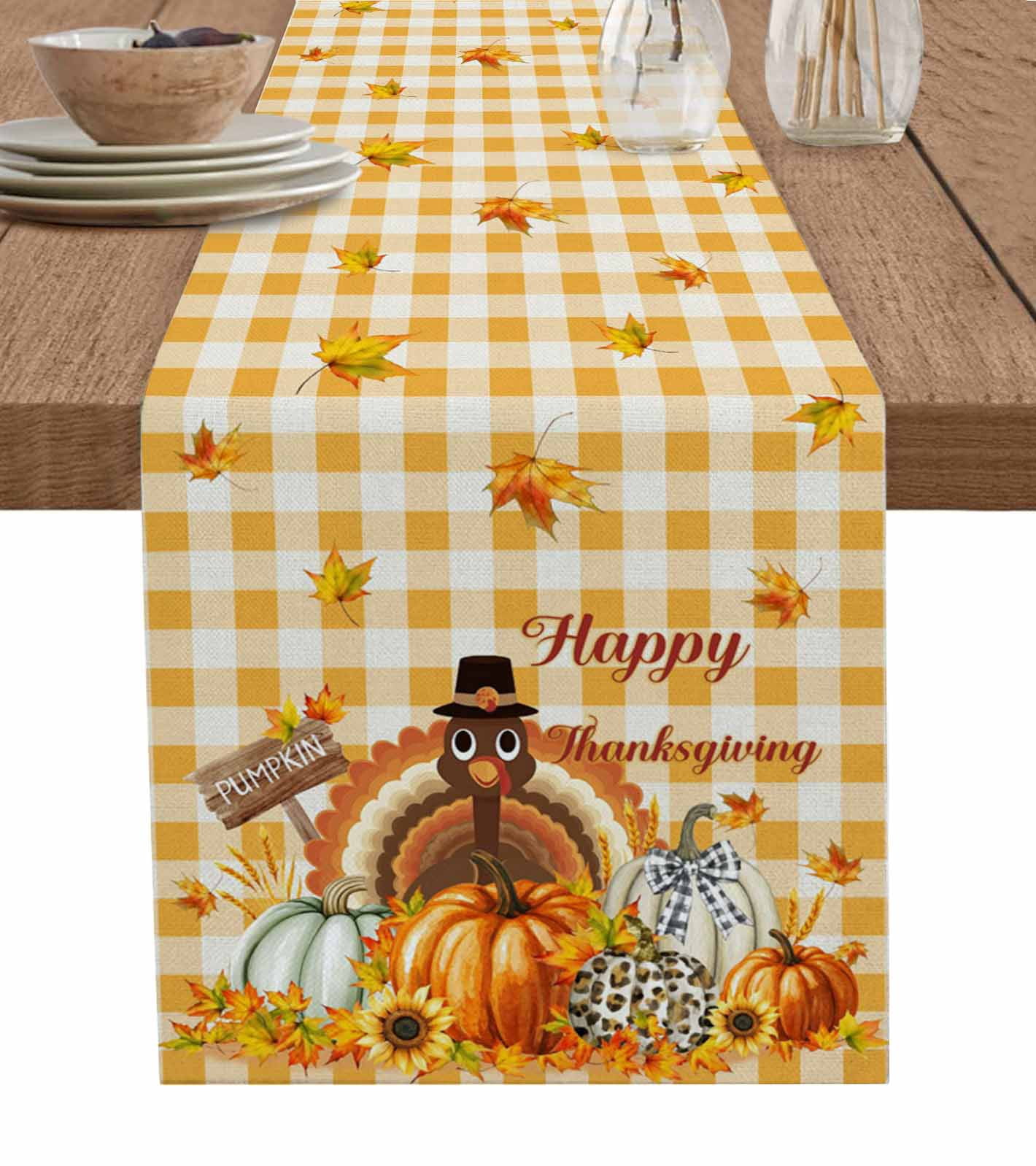 Thanksgiving Table Runner 72 Inches, Fall Orange Pumpkin Turkey Maple ...