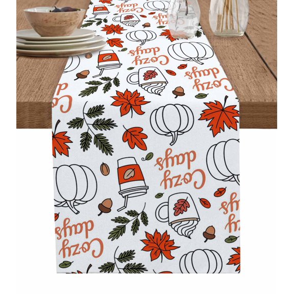 Thanksgiving Table Runner 72 Inches, Fall Retro Cartoon Pumpkins Leaves Watercolor Bed Runner Dresser Scarves Tabletop for Indoor Outdoor Parties/Ceremony/Banquet, 13" x 72"