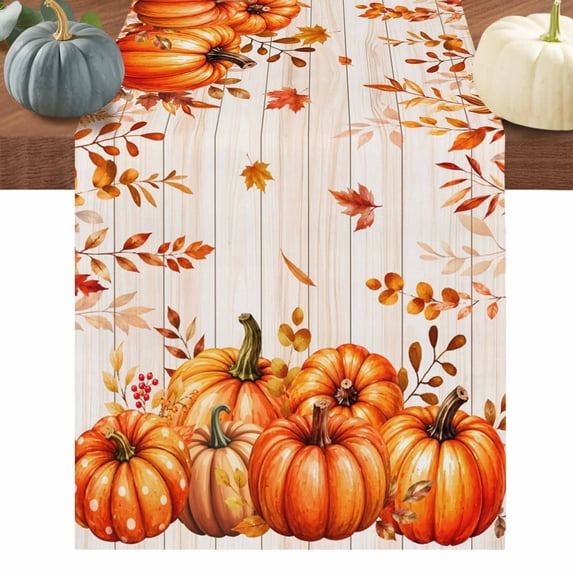 Thanksgiving Table Runner 72 Inches Long, Fall Orange Pumpkin Maple Leaves Wood Plank Cotton Linen Table Runners Dresser Scarves, Fabric Tabletop Scarf Furniture Cover for Dinner Party 13"x72"