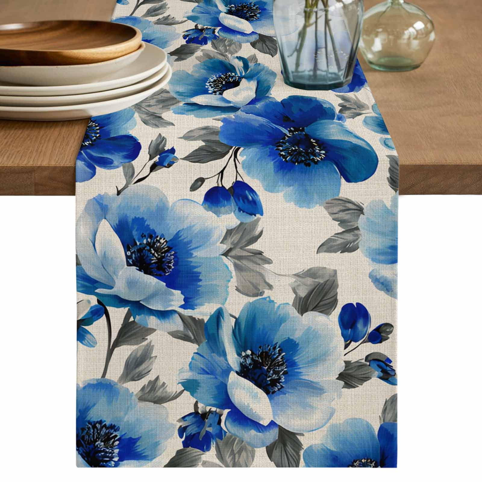 Thanksgiving Table Runner 90 Inches, Blue White Pumpkin Autumn Fall ...