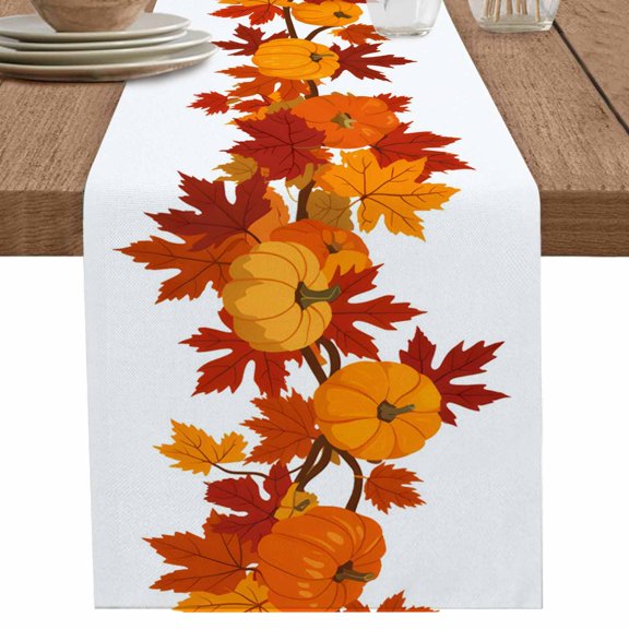 Thanksgiving Table Runner 90 Inches Long for Dining Table Decor,Fall Orange Pumpkin Maple Leaf Autumn Burlap Linen Farmhouse Table Runner Coffee Table Runners Dresser Scarf for Kitchen Party Holiday